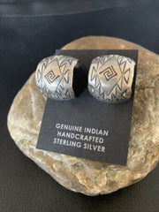 Old Pawn Women's Stamped Design Hoop Stud Earrings | Sterling Silver | 1" | 13006