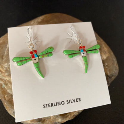 Navajo Dragonfly Earrings | Green Gaspeite, Coral, Mother of Pearl Inlay | Sterling Silver | 1" | 13319 - Masha USA