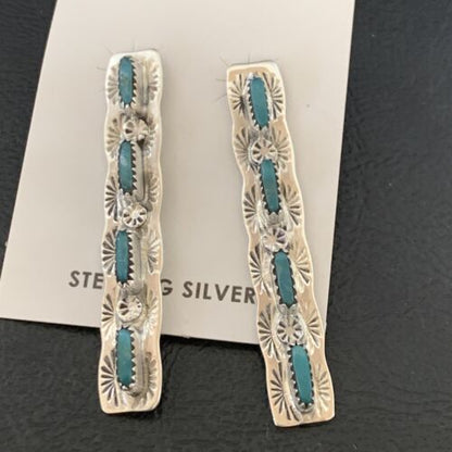 Turquoise Navajo Sterling Dangle Earrings | Handmade | 2" Long | 12121