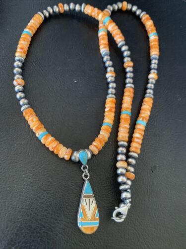 Navajo Pearls, Orange Spiny Oyster & Turquoise Sterling Silver Necklace with Pendant | Authentic Native American | 12704