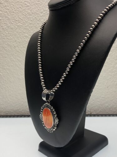 Navajo Pearls Orange Spiny Oyster Pendant Necklace | Sterling Silver | Authentic Native American Handmade | 11296