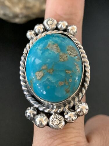 Navajo Blue Kingman Turquoise Ring | Sterling Silver | Sz 7.5 | Authentic Native American Handmade | 13381