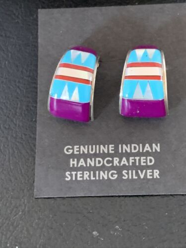 Navajo Multi-Color Turquoise Sugilite Inlay Earrings | Sterling Silver | 0.50" | 12998