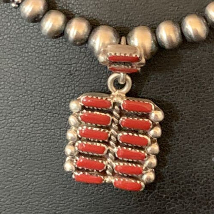 Southwestern Zuni Red Coral Corn Inlay Necklace Pendant | Sterling Silver | 21" | 12588