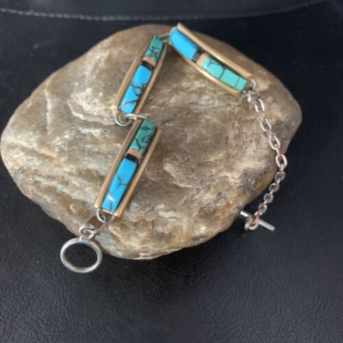 Navajo Blue Turquoise Lapis Inlay Link Bracelet | Sterling Silver | 7" | Authentic Native American Handmade | 13695