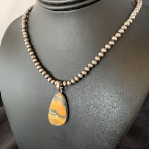 Navajo Yellow Bumblebee Jasper Pendant Necklace | Sterling Silver | Authentic Native American Handmade | 12812