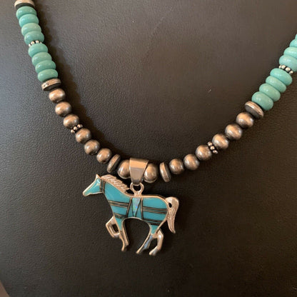 Navajo Horse Inlay Pendant | Blue Turquoise & Opal | Sterling Silver | Authentic Native American Handmade | 11469