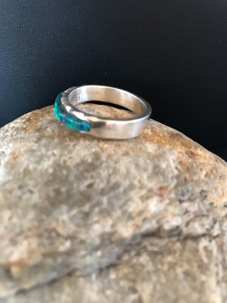 Southwestern Navajo Blue Opal Inlay Ring | Sterling Silver | Sz 9.5 | Authentic Native American Handmade | 10612