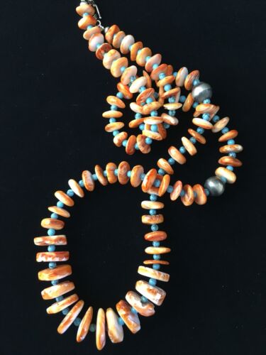 Navajo Orange Spiny Oyster & Turquoise Graduated Necklace | Sterling Silver | Authentic Native American | 30" | 1771