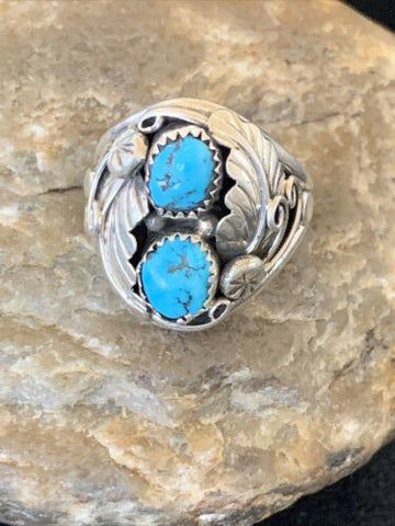 Men's Feather Navajo Sterling Silver 2S Blue Kingman Turquoise Ring 12 12225