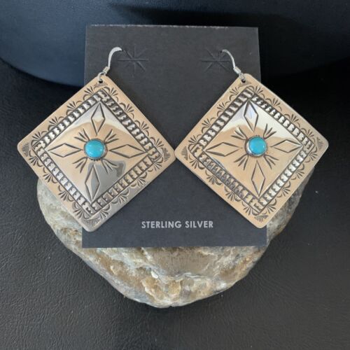 Navajo Blue Turquoise Earrings | Stamped Sterling Silver | Authentic Native American Handmade | 13324