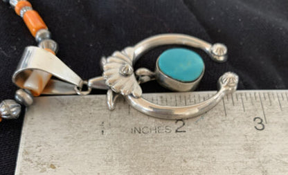 Sterling Blue Turquoise Naja Pendant | Navajo Pearls Spiny Oyster Necklace | Southwestern | 00262