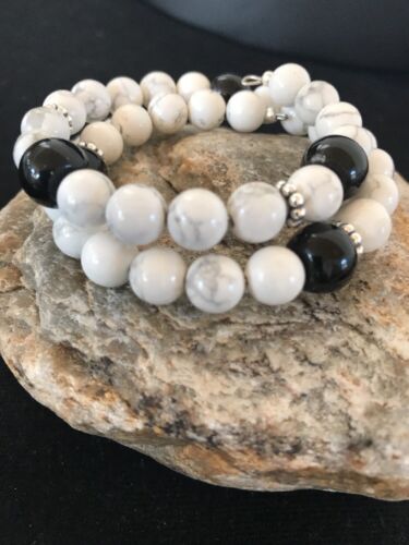 Navajo White Howlite Turquoise Onyx Bead Bracelet | Sterling Silver | Authentic Native American Handmade