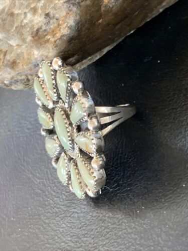 Navajo Green Turquoise Cluster Ring | Authentic Native American Sterling Silver | Multi-Stone | Sz 7.5 | 12189