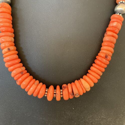 Native American Pink Coral Navajo Bead Necklace | Sterling Silver | 18" | 01951