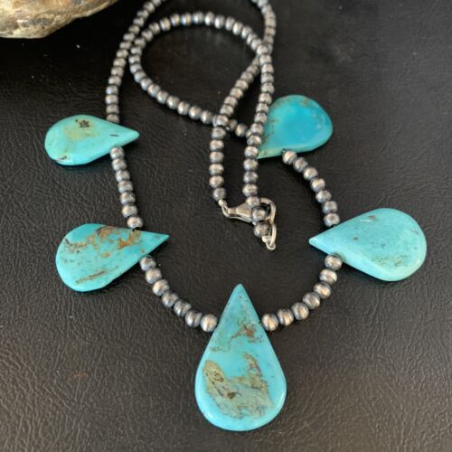 Navajo Teardrop Blue Turquoise Necklace | Sterling Silver Pearls | 20" | Authentic Native American Handmade | 13967