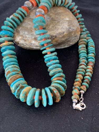 Navajo Sterling Silver Necklace | Natural Green Turquoise & Spiny Oyster | Graduated | Authentic Native American | 28" | 00328