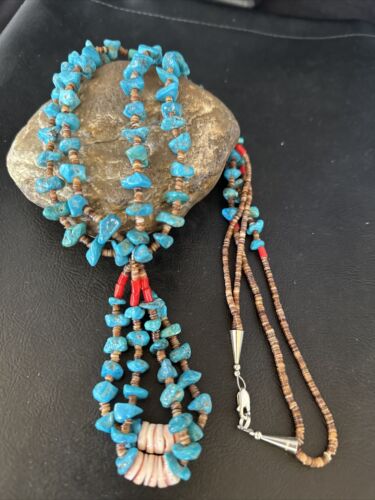 Santo Domingo Shell Turquoise Bead Pendant Jacla Necklace | 2 Strand | Pearls | Native American Handmade | 14633