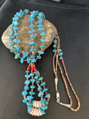 Santo Domingo Shell Turquoise Bead Pendant Jacla Necklace | 2 Strand | Pearls | Native American Handmade | 14633