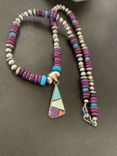 Navajo Purple Sugilite Turquoise Inlay Pendant | Sterling Silver Necklace | Authentic Native American Handmade | 02086