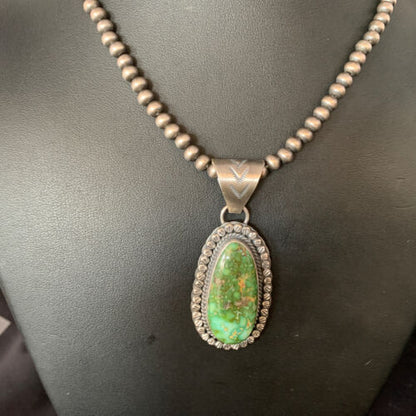 Men's Green Sonoran Gold Turquoise Pendant Necklace | Navajo Sterling Silver | Authentic Native American | 14006