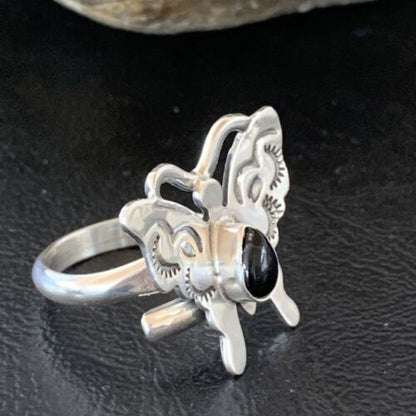 Southwestern Navajo Black Onyx Butterfly Ring | Sterling Silver | Adj Sz 8 | 10385