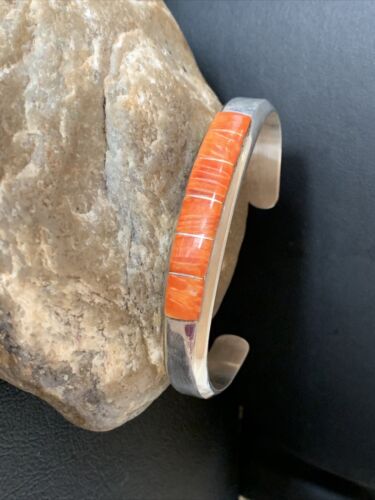 Native American Zuni Orange Spiny Oyster Inlay Cuff Bracelet | Sterling Silver | 12098