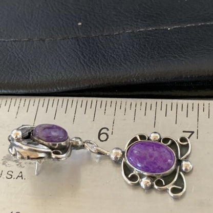 Navajo Purple Sugilite Dangle Post Earrings | Sterling Silver | 2" | Authentic Native American Handmade | 1524