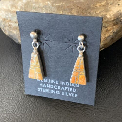 Navajo Orange Spiny Oyster Inlay Earrings | Sterling Silver | Authentic Native American Handmade | 12677