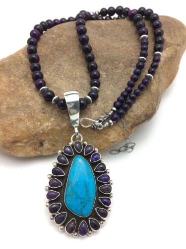 Native Purple Sugilite Turquoise Sterling Silver Necklace 23in Set1001