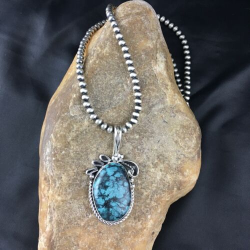 Navajo Pearls Sterling Silver Pendant with Blue Spiderweb Turquoise | 2.5" | Authentic Native American Handmade | 10164