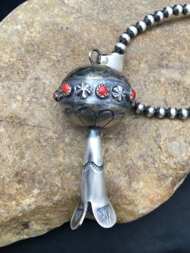 Navajo Red Coral Naja Pendant Necklace | Sterling Silver | Authentic Native American Handmade | 2619