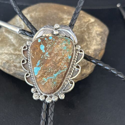 Navajo Blue Boulder Turquoise Bolo Tie | Sterling Silver | Authentic Native American Handmade | 14252