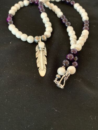 Men's Sugilite Beads Necklace with White Buffalo Pendant | Sterling Silver | Native American Handmade | 2557