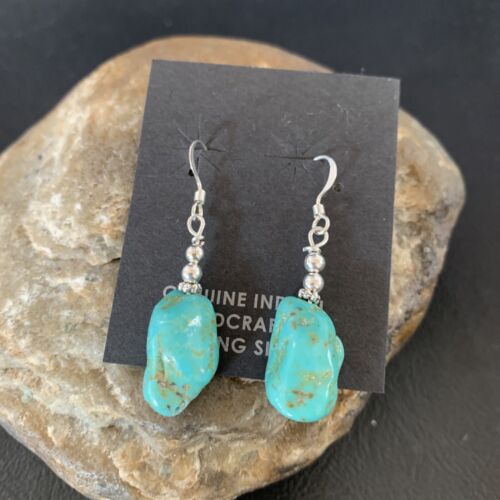 Navajo Turquoise Bead Nugget Earrings | Sterling Silver Pearls | 1" | Authentic Native American Handmade | 12896