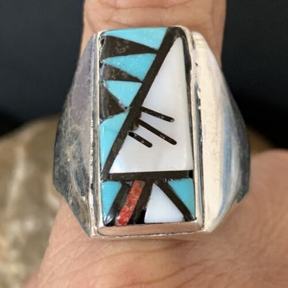 Native American Zuni Men's Spiny Blue Turquoise Inlay Ring | Sterling Silver | Sz 15 | 12424