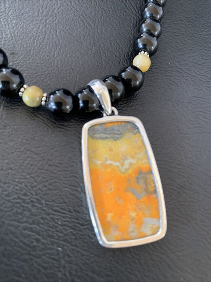 Men's Navajo Pearls Onyx Bumblebee Jasper Necklace Pendant | Sterling Silver | Native American Handmade | 10326