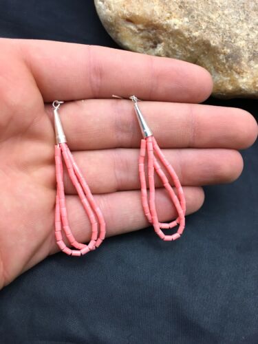 Navajo Pink Coral Heishi Dangle Earrings | Liquid Sterling Silver | 2 Strand | Authentic Native American | 4398