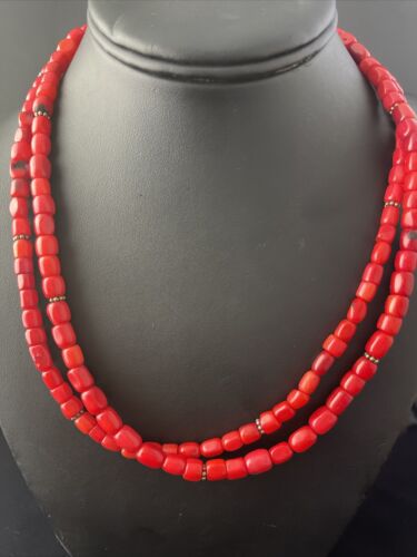 Native American Red Stabilized Coral Heishi Necklace | Sterling Silver | 18" | 1765