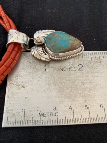 Navajo Sterling Silver Turquoise Pendant with Coral Bead Necklace | Multi-Strand | Authentic Native American Handmade | 00370