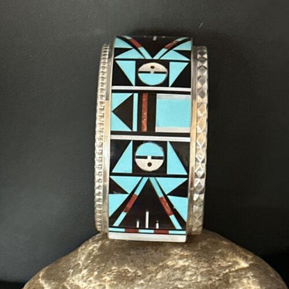 Zuni Sun Face Cuff Bracelet | Blue Turquoise & Coral Inlay | Sterling Silver | 14587