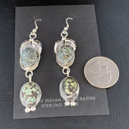 Navajo Green Spiderweb Turquoise Dangle Earrings | Sterling Silver | Authentic Native American Handmade | 13545