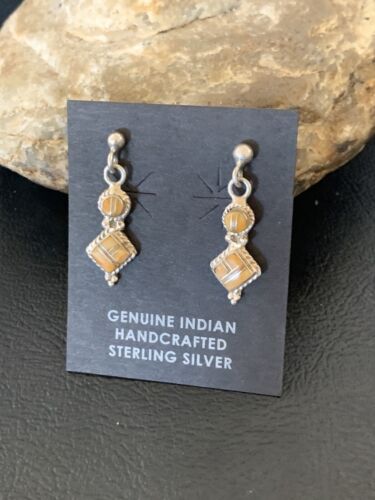 Minimalist Dangle Inlay Navajo Sterling Silver Orange Spiny Oyster Earrings | Handmade | 12679