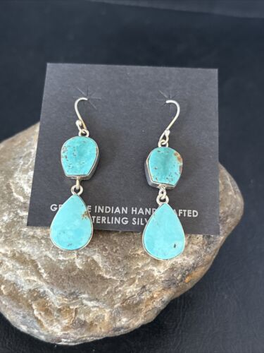 Kingman Turquoise Dangle Earrings | Navajo Handmade | Sterling Silver | Authentic Native American | 14579