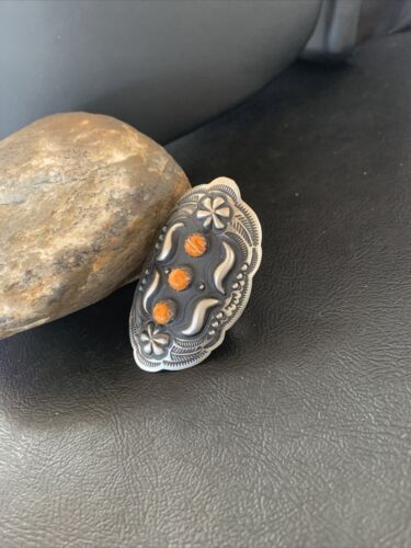 Navajo Orange Spiny Oyster Multi-Stone Ring | Authentic Native American Sterling Silver | Sz 10 Adj | 11658