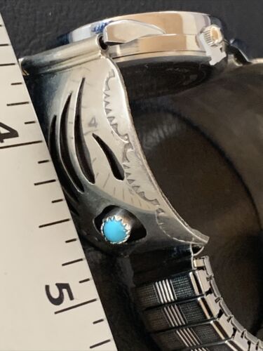 Men's Navajo Bear Paw Watch Tips | Sterling Silver & Blue Turquoise Band | Authentic Native American Jewelry | 11575