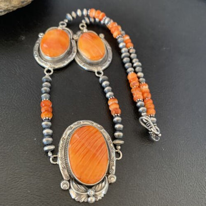 Navajo Pearls Orange Spiny Oyster Necklace Pendant | Sterling Silver | Authentic Native American Handmade | 10818