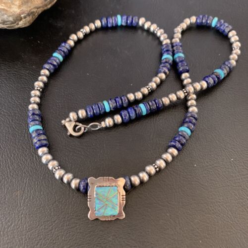 Navajo Men's Blue Lapis Turquoise Opal Inlay Pendant Necklace | Sterling Silver | 22" | 13358