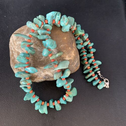 Navajo Green Turquoise & Spiny Oyster Graduated Necklace | Sterling Silver | Authentic Native American | 21" | 14009