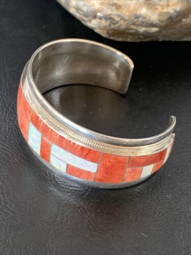Native American Zuni Red Spiny Oyster Opal Inlay Cuff Bracelet | Sterling Silver | 12096